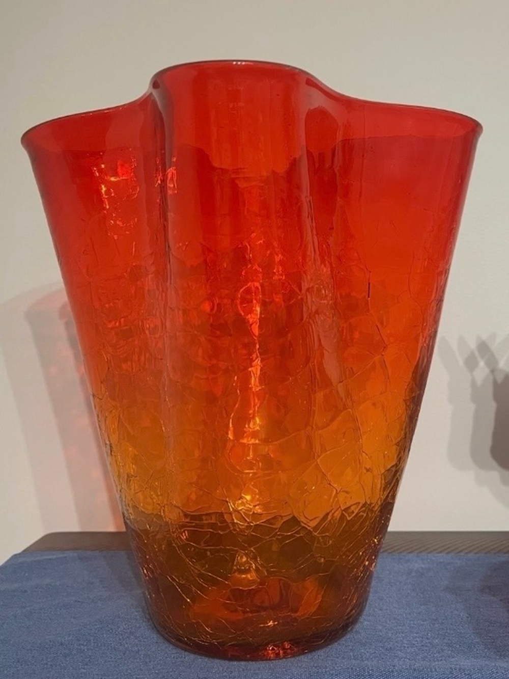 Blenko 404M Crackle Glass Vase Tangerine Amberina hand-blown art glass 11”